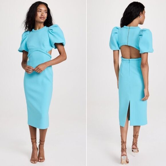 Rebecca Vallance Michelle Puff Sleeve Teal Blue Midi‎ Dress Size 10 - Picture 9 of 13